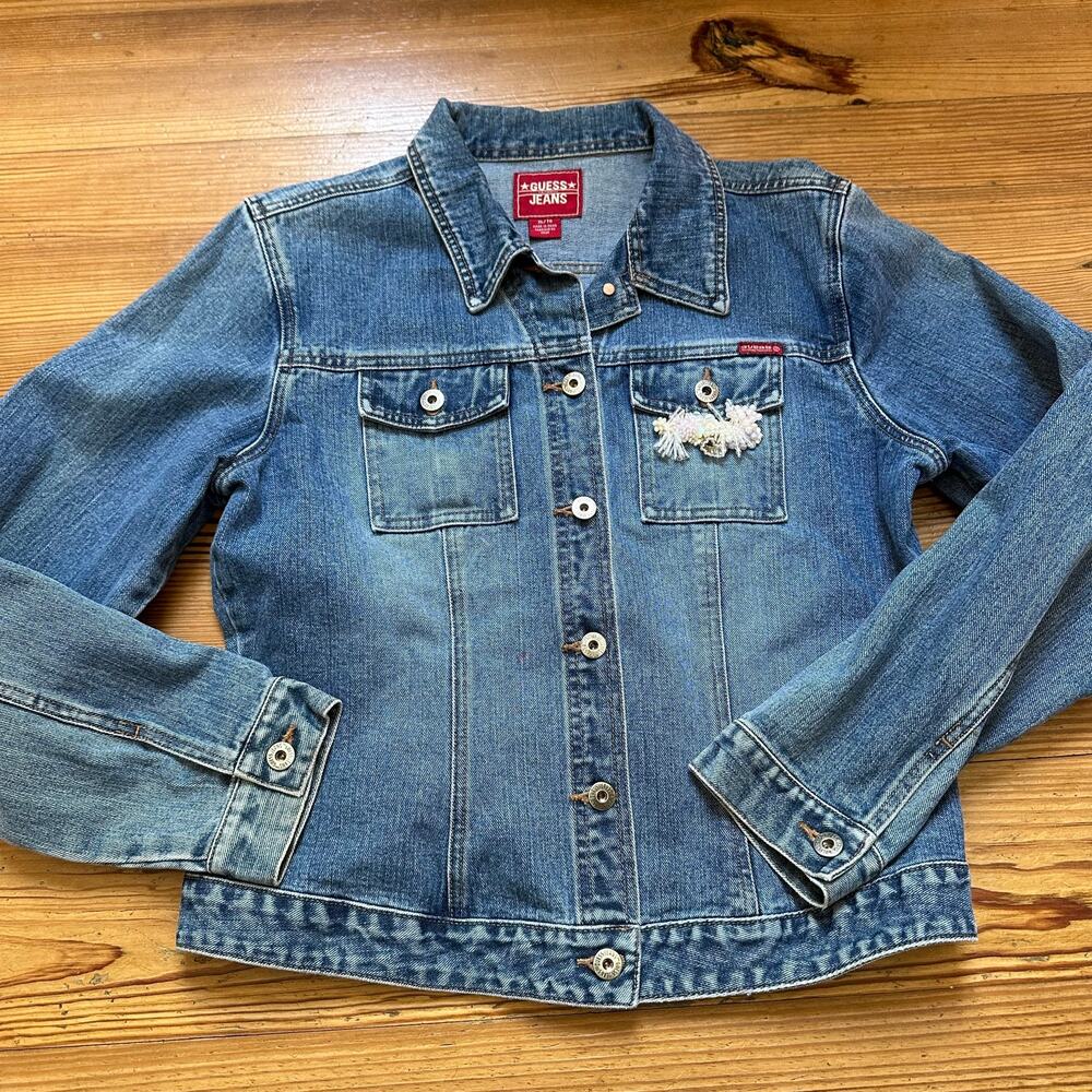 Guess Jeans medium wash beaded mermaid embellished beaded jean jacket‎ SIZE XL